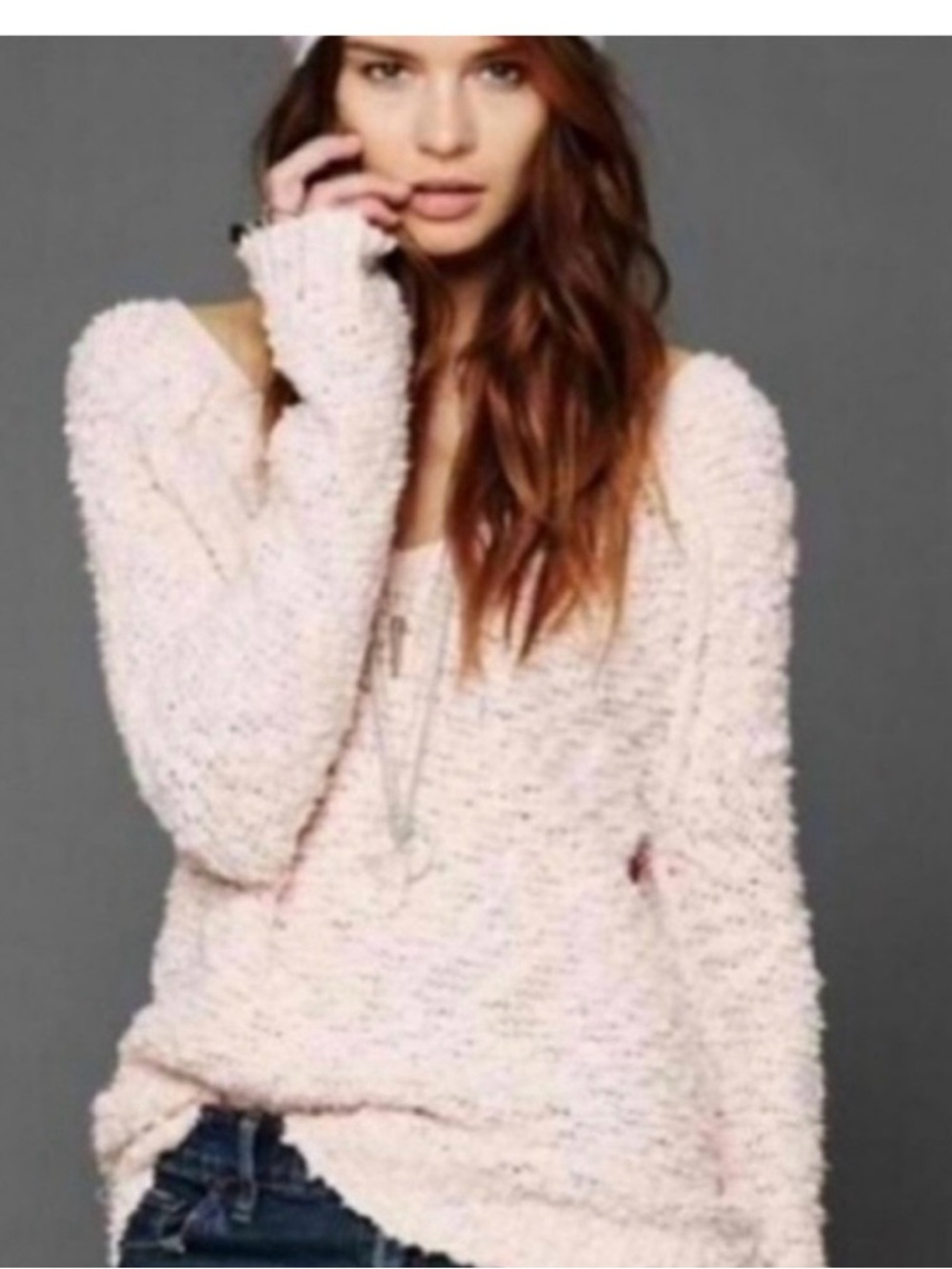 Free People Songbird Sweater XS Pink Oversized V Neck Cotton Knit Pullover